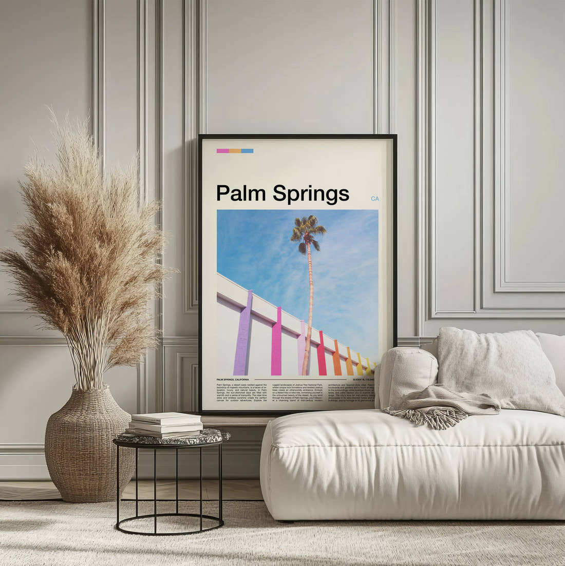 Palm Springs Palm Tree And Pink Wall Travel Print framed on the wall of a calm, neutral bedroom