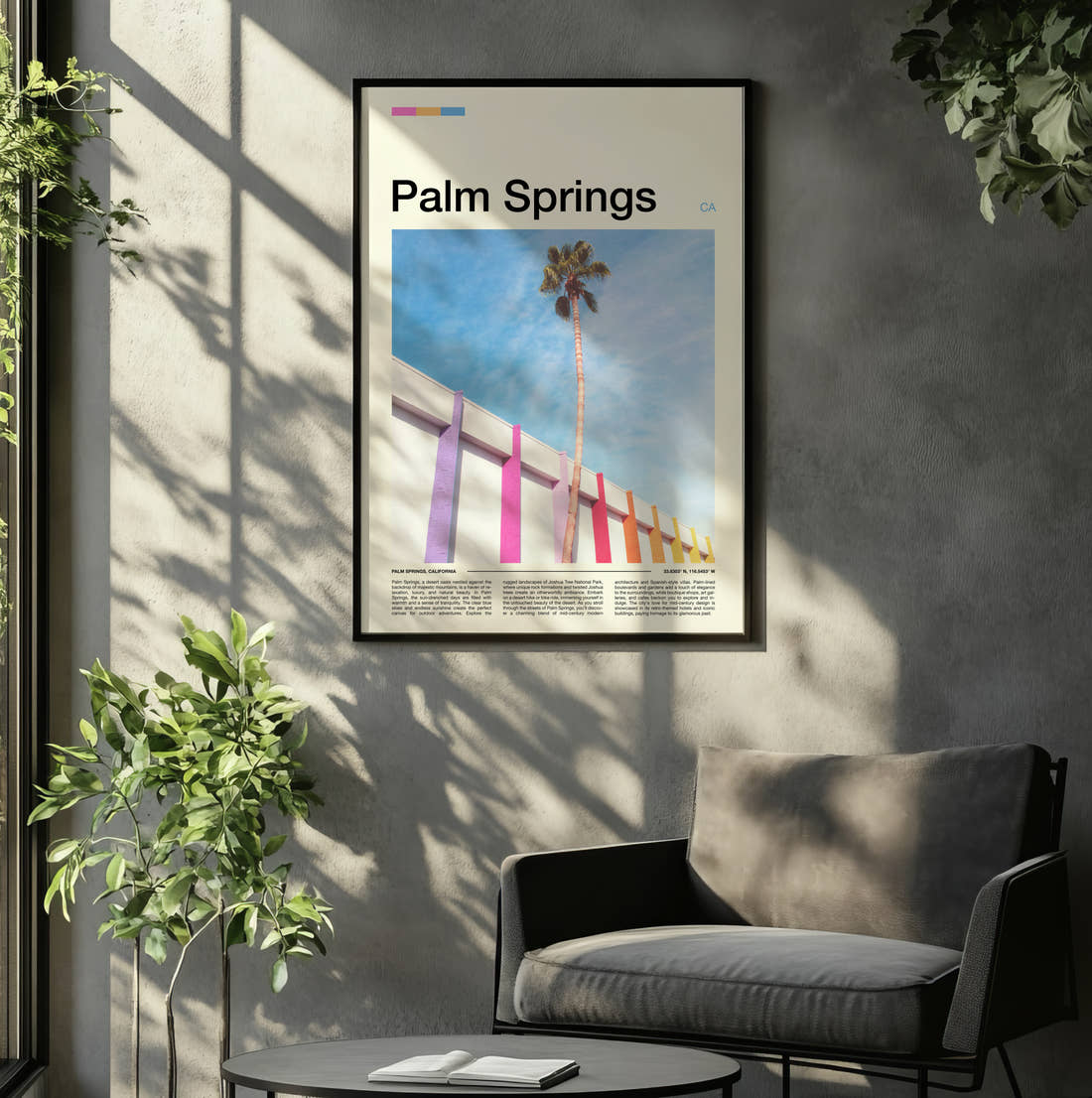Palm Springs Palm Tree And Pink Wall Travel Print framed on the wall of a relaxed living room