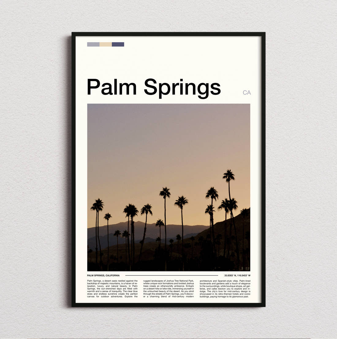 Palm Springs Palm Trees Silhouetted At Dusk Travel Print framed and photographed straight on