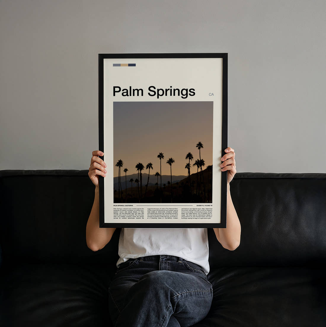 Palm Springs Palm Trees Silhouetted At Dusk Travel Print held up by hand to show the size of the print