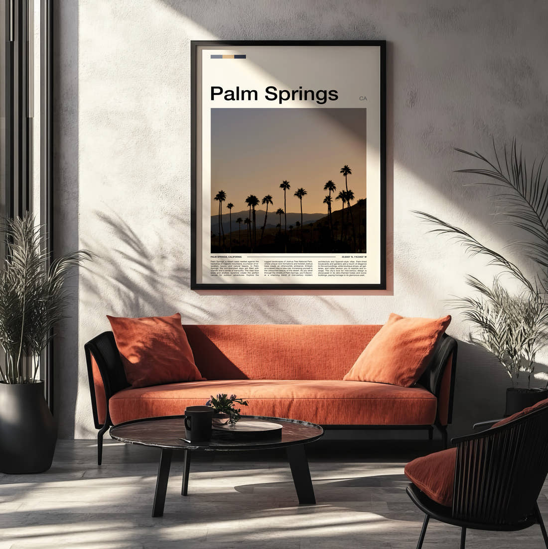 Palm Springs Palm Trees Silhouetted At Dusk Travel Print framed on the wall of a modern living room