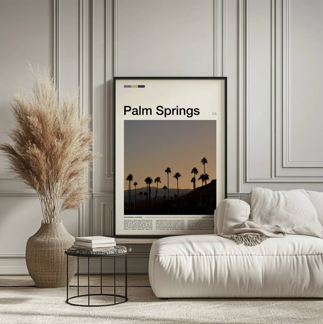 Palm Springs Palm Trees Silhouetted At Dusk Travel Print framed on the wall of a calm, neutral bedroom