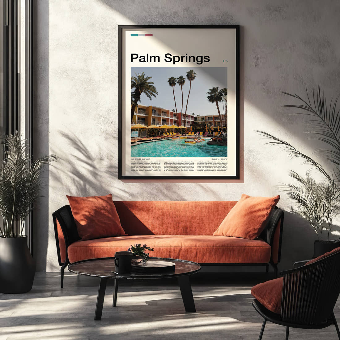 Palm Springs Poolside Loungers And Palms Travel Print framed on the wall of a modern living room