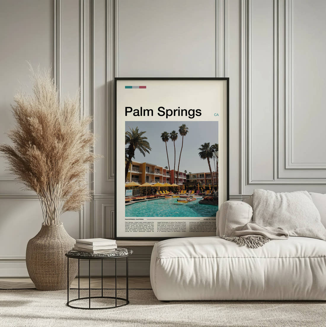 Palm Springs Poolside Loungers And Palms Travel Print framed on the wall of a calm, neutral bedroom