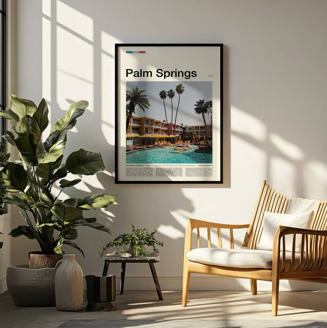 Palm Springs Poolside Loungers And Palms Travel Print framed on a pale wall beside houseplants