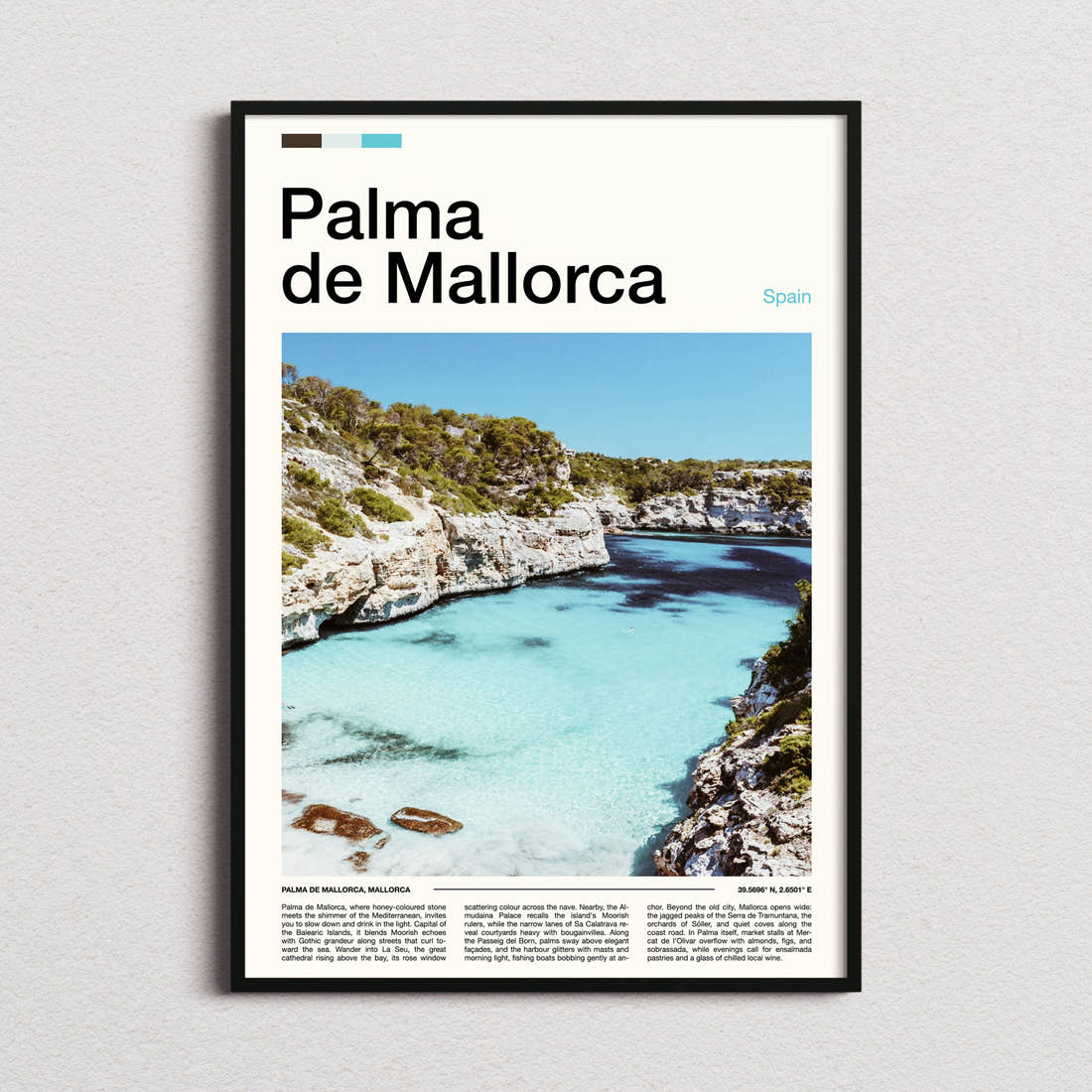 Palma de Mallorca Turquoise Cove Cliffs Travel Print framed and photographed straight on