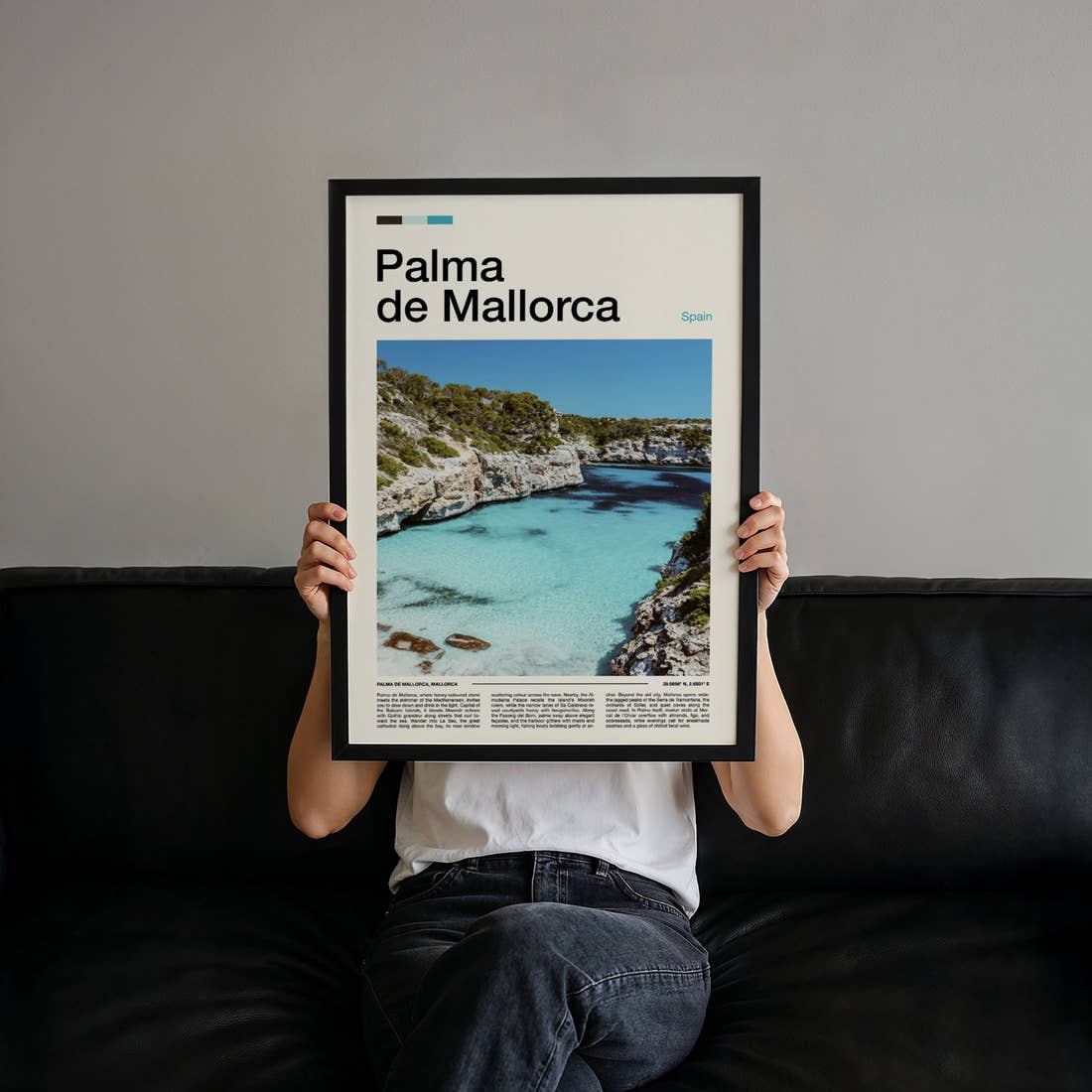 Palma de Mallorca Turquoise Cove Cliffs Travel Print held up by hand to show the size of the print