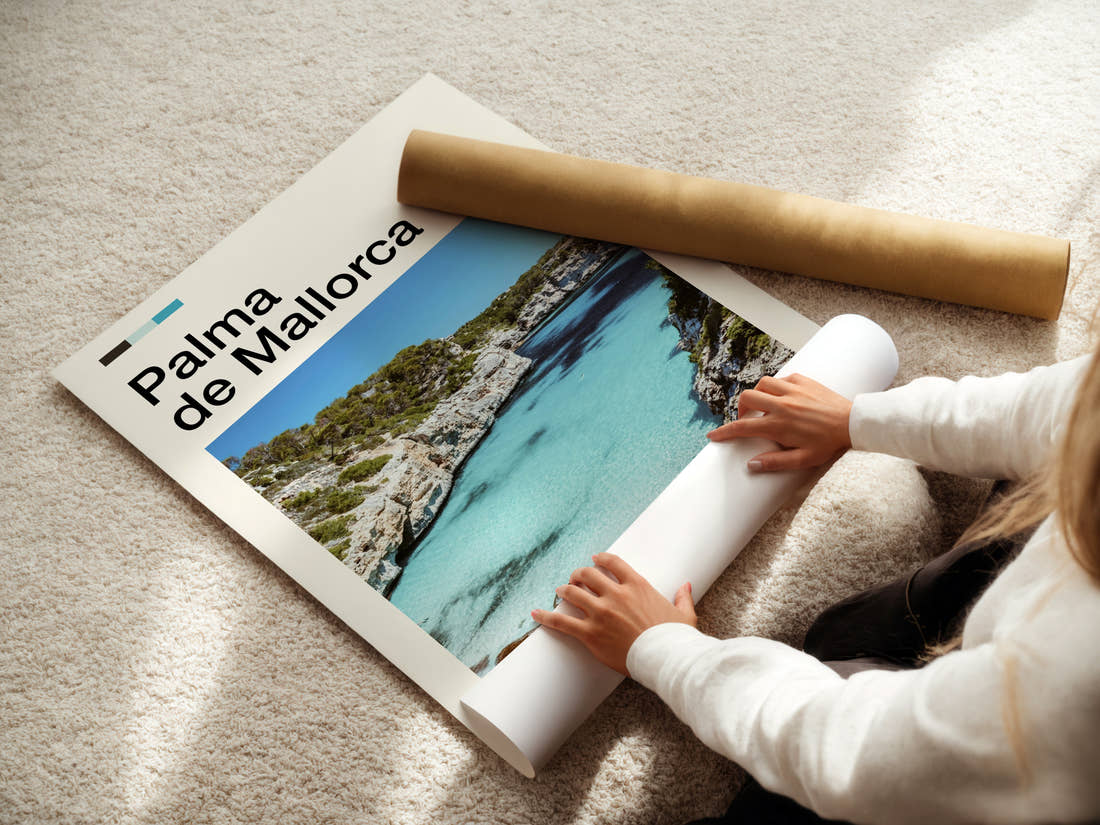 Palma de Mallorca Turquoise Cove Cliffs Travel Print being unrolled from its postal tube