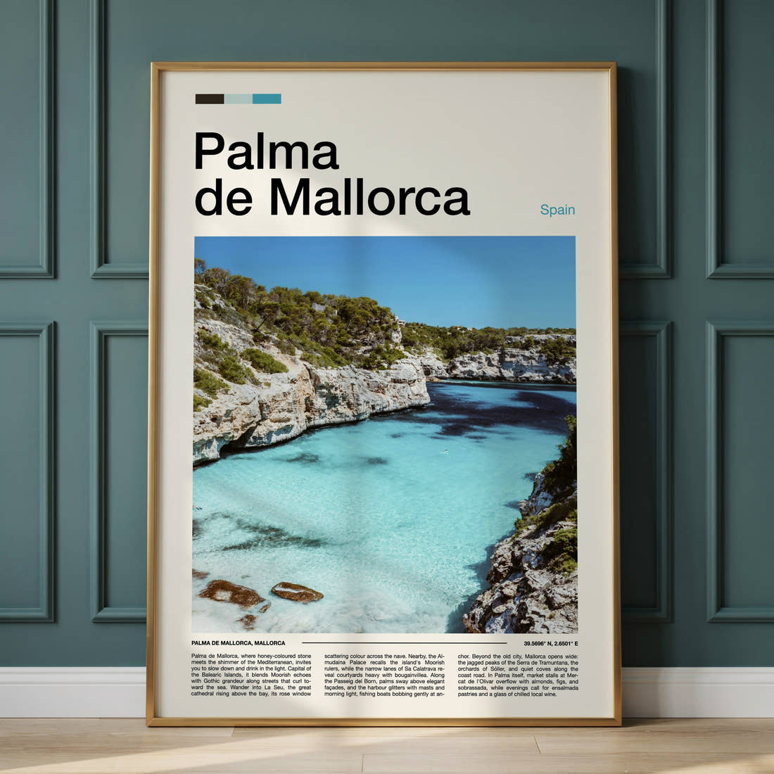 Palma de Mallorca Turquoise Cove Cliffs Travel Print framed on the wall of a calm, neutral bedroom