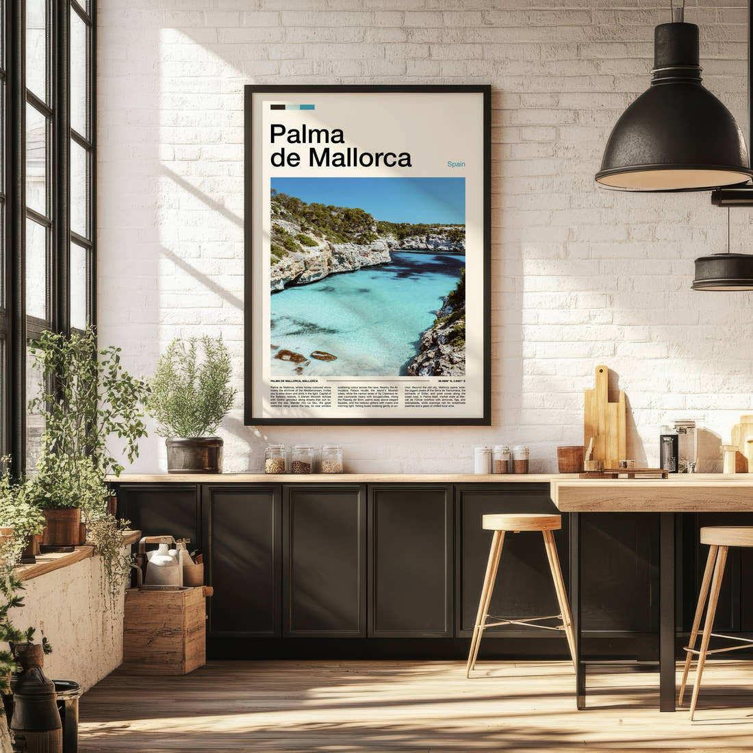 Palma de Mallorca Turquoise Cove Cliffs Travel Print framed on the wall of a bright kitchen and dining space