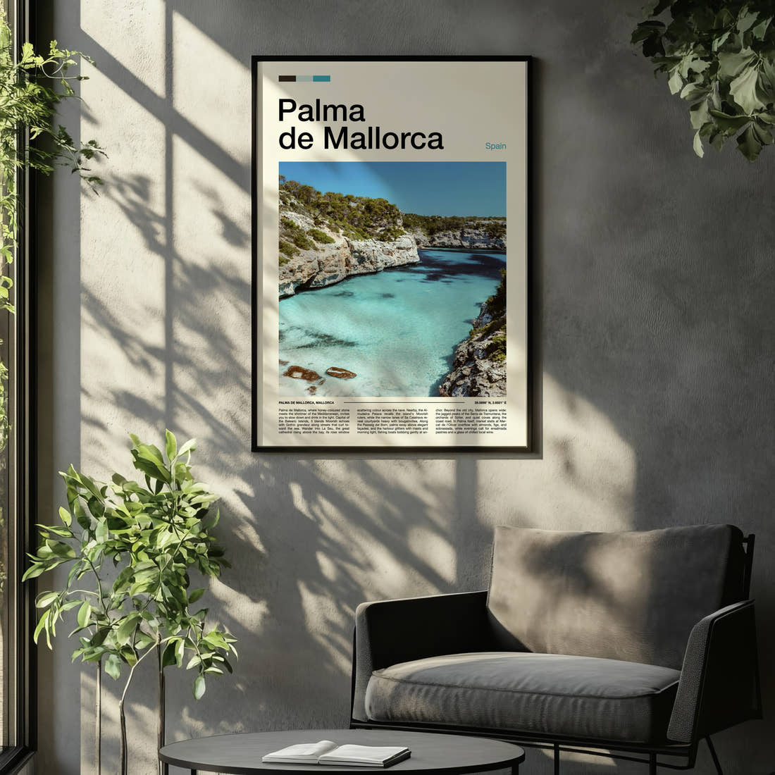 Palma de Mallorca Turquoise Cove Cliffs Travel Print framed on the wall of a relaxed living room
