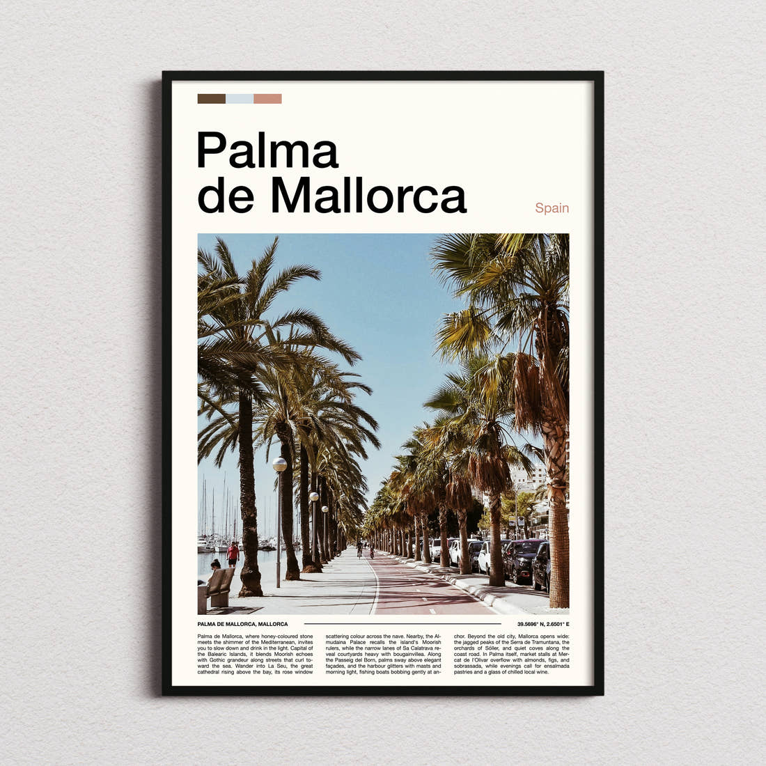 Palma de Mallorca Palm-Lined Promenade Travel Print framed and photographed straight on