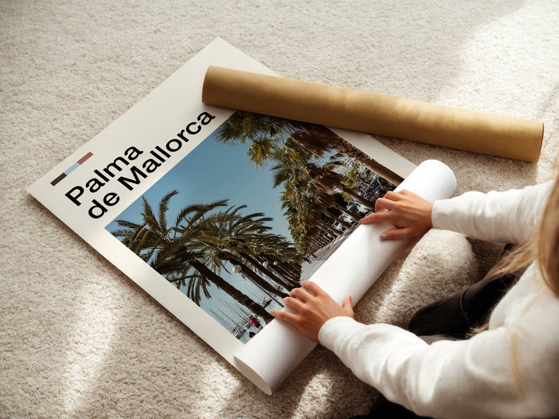 Palma de Mallorca Palm-Lined Promenade Travel Print being unrolled from its postal tube