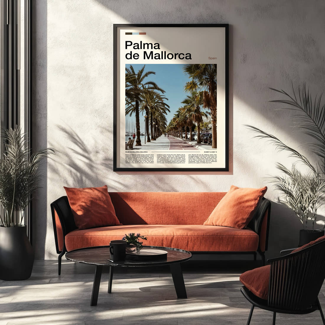 Palma de Mallorca Palm-Lined Promenade Travel Print framed on the wall of a modern living room
