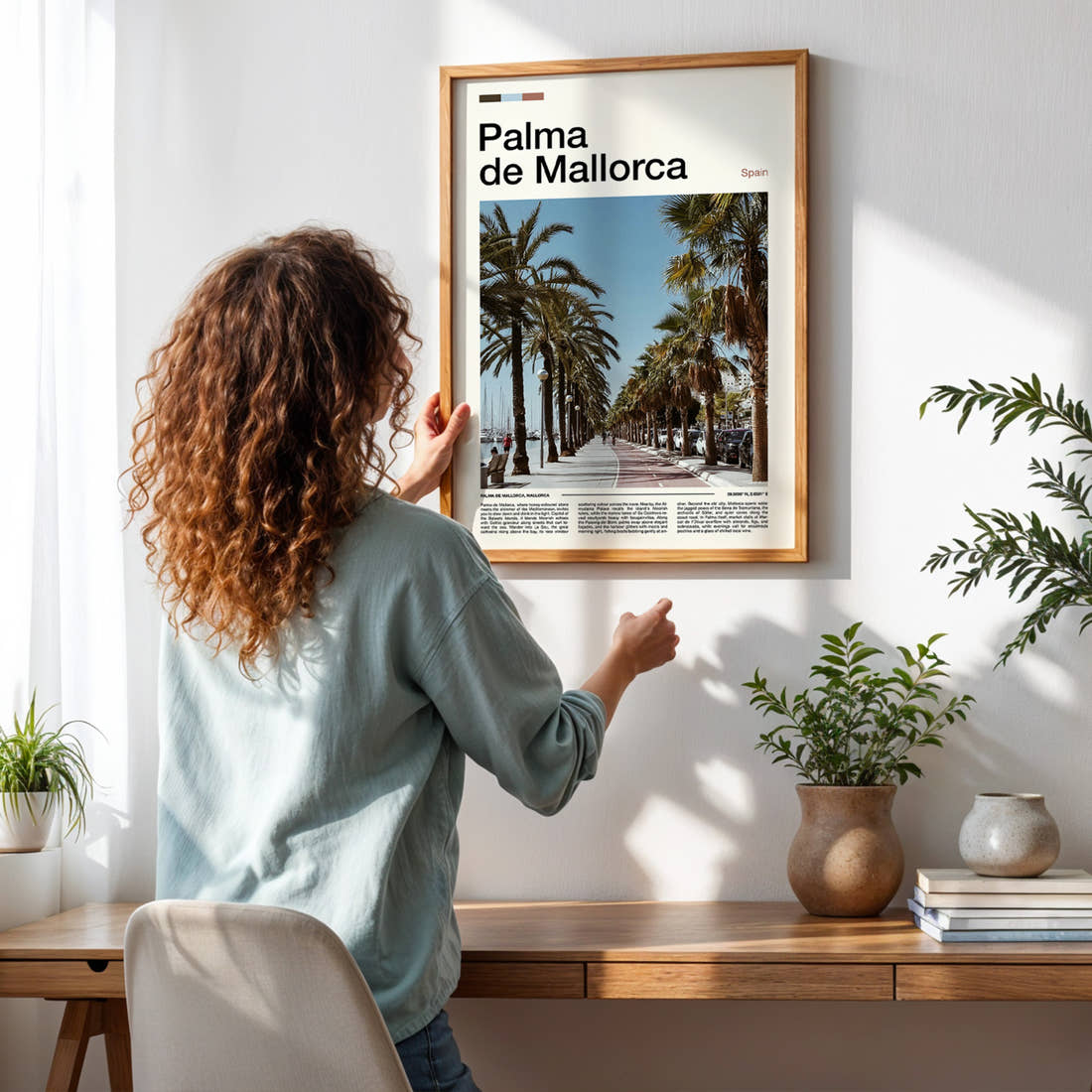 Palma de Mallorca Palm-Lined Promenade Travel Print framed on a pale wall beside houseplants