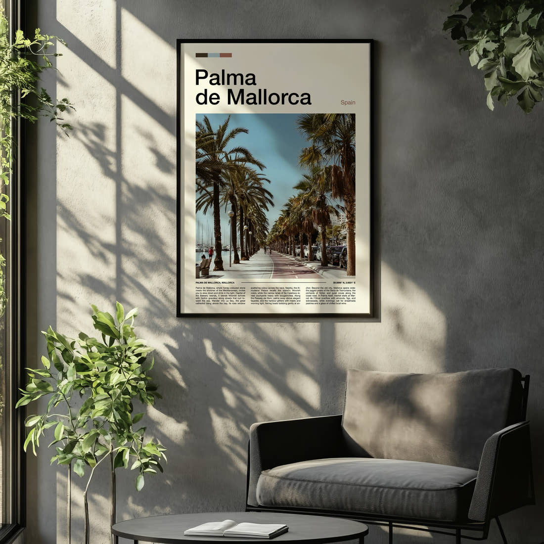 Palma de Mallorca Palm-Lined Promenade Travel Print framed on the wall of a relaxed living room