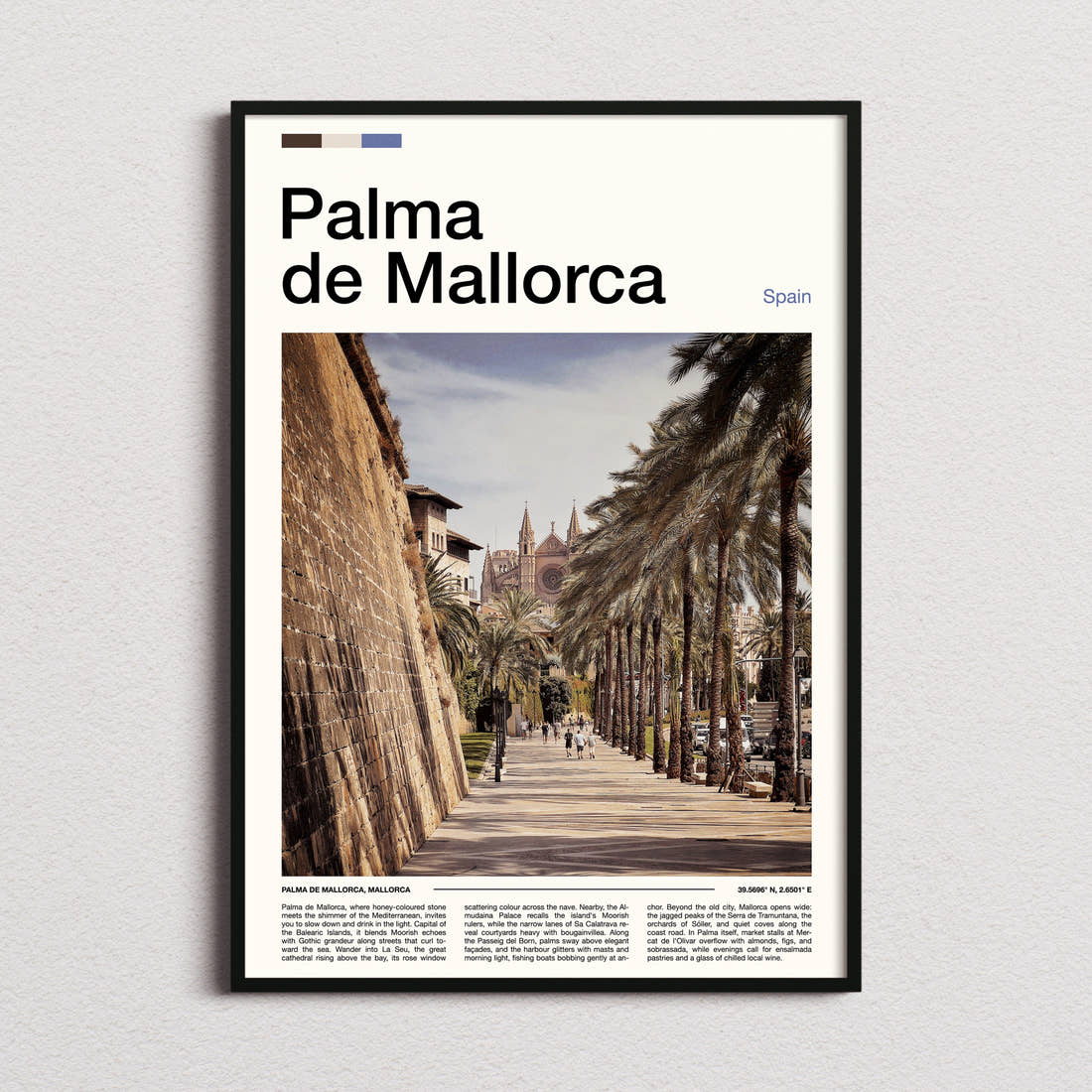 Palma de Mallorca Palm-Lined Promenade Travel Print framed and photographed straight on
