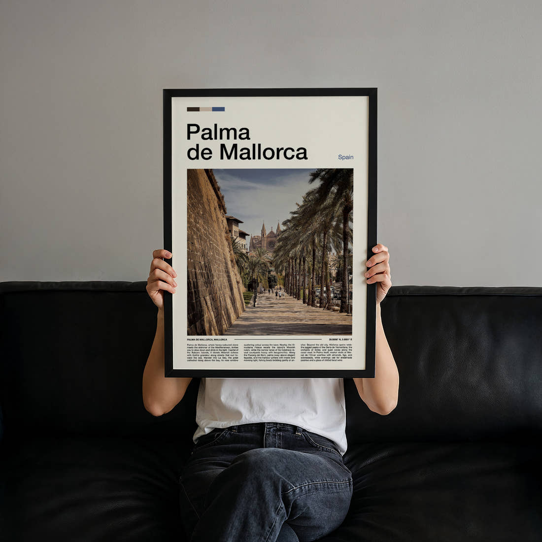 Palma de Mallorca Palm-Lined Promenade Travel Print held up by hand to show the size of the print