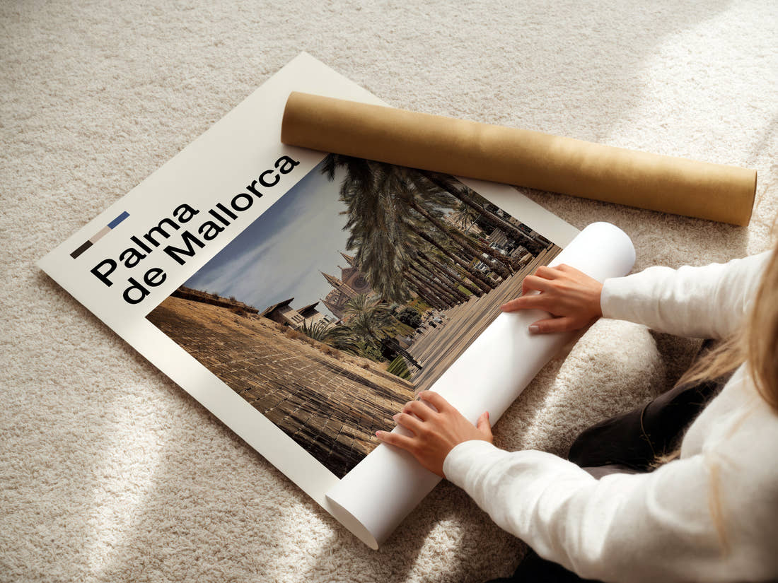 Palma de Mallorca Palm-Lined Promenade Travel Print being unrolled from its postal tube
