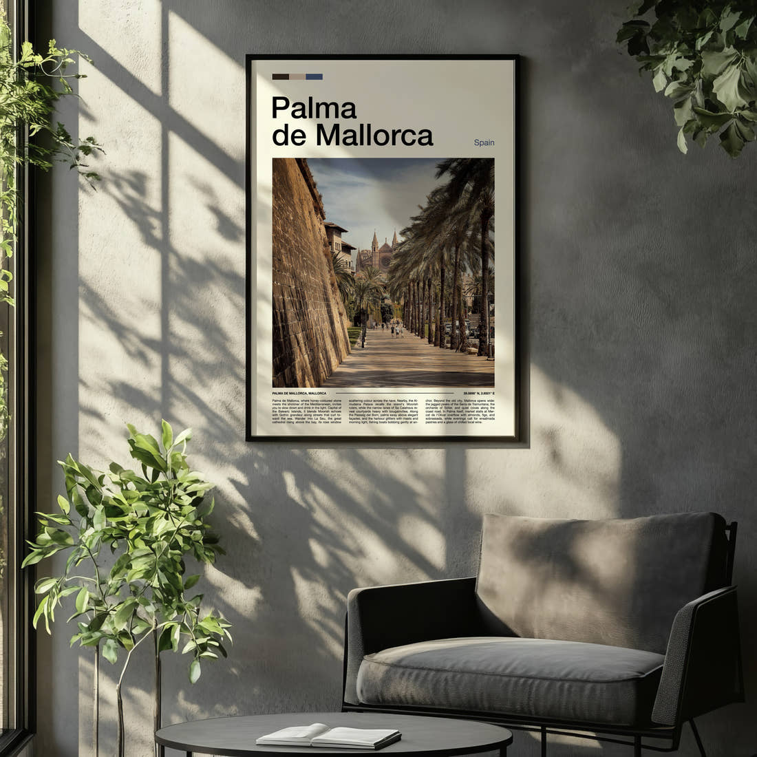Palma de Mallorca Palm-Lined Promenade Travel Print framed on the wall of a relaxed living room