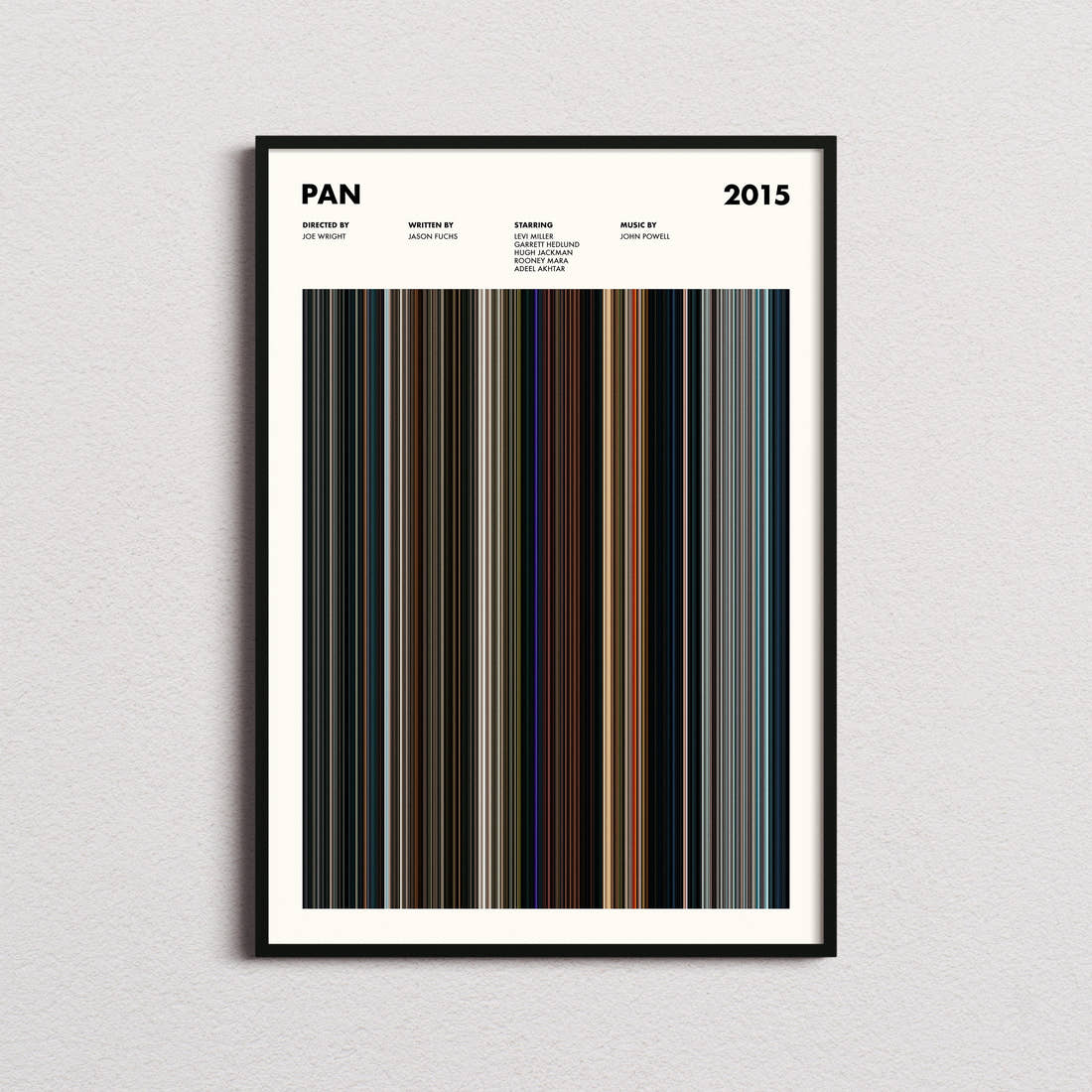Pan Movie Barcode Poster framed on a plain studio wall