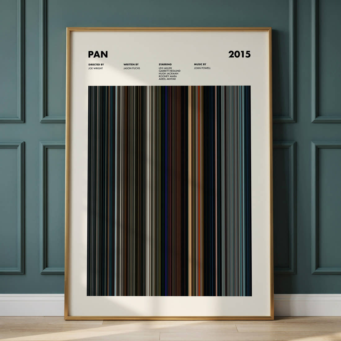 Pan Movie Barcode Poster framed and leaning against a panelled wall