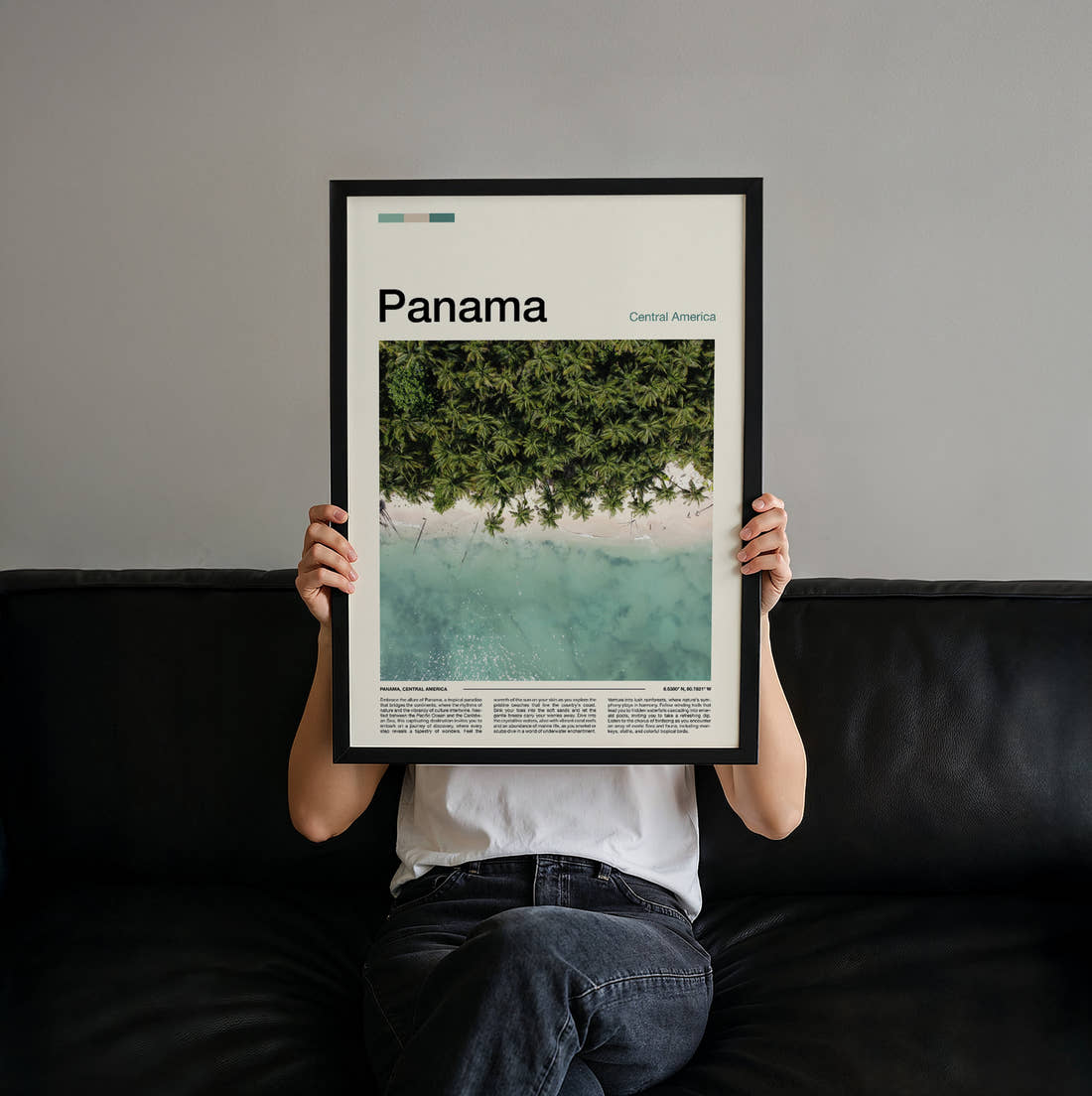 Panama Palms Over Turquoise Water Travel Print held up by hand to show the size of the print