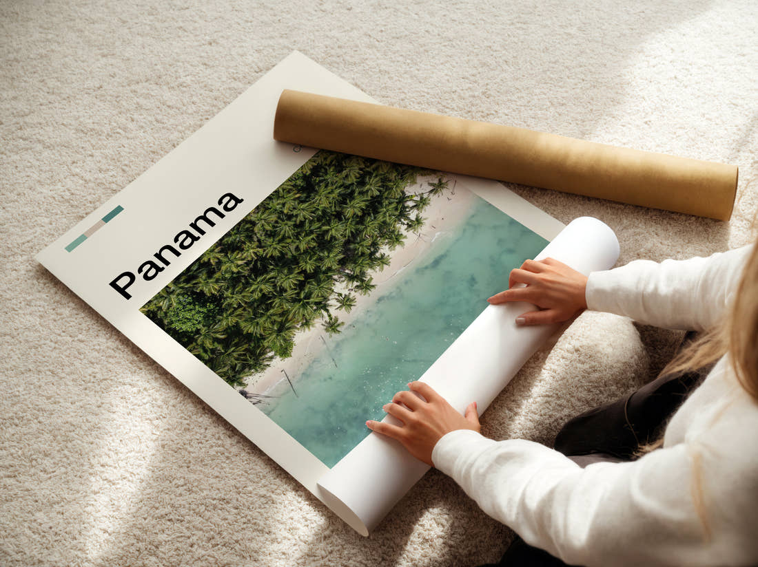 Panama Palms Over Turquoise Water Travel Print being unrolled from its postal tube