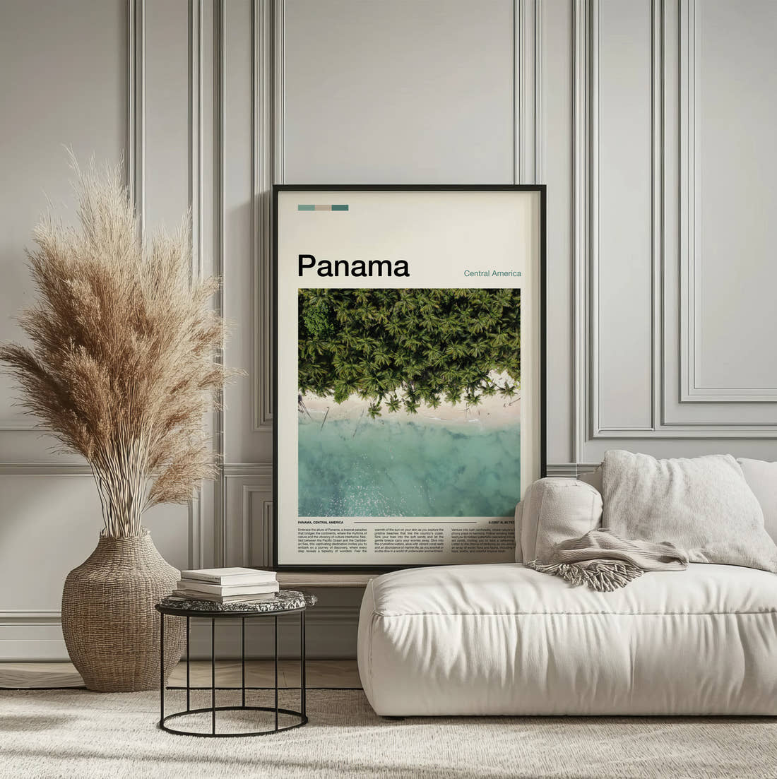 Panama Palms Over Turquoise Water Travel Print framed on the wall of a calm, neutral bedroom