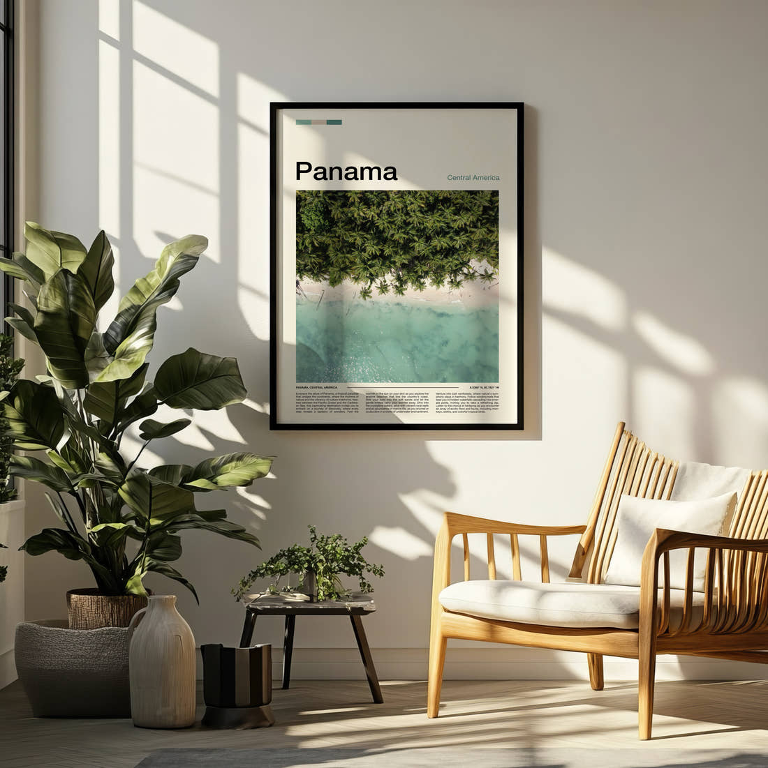 Panama Palms Over Turquoise Water Travel Print framed on a pale wall beside houseplants