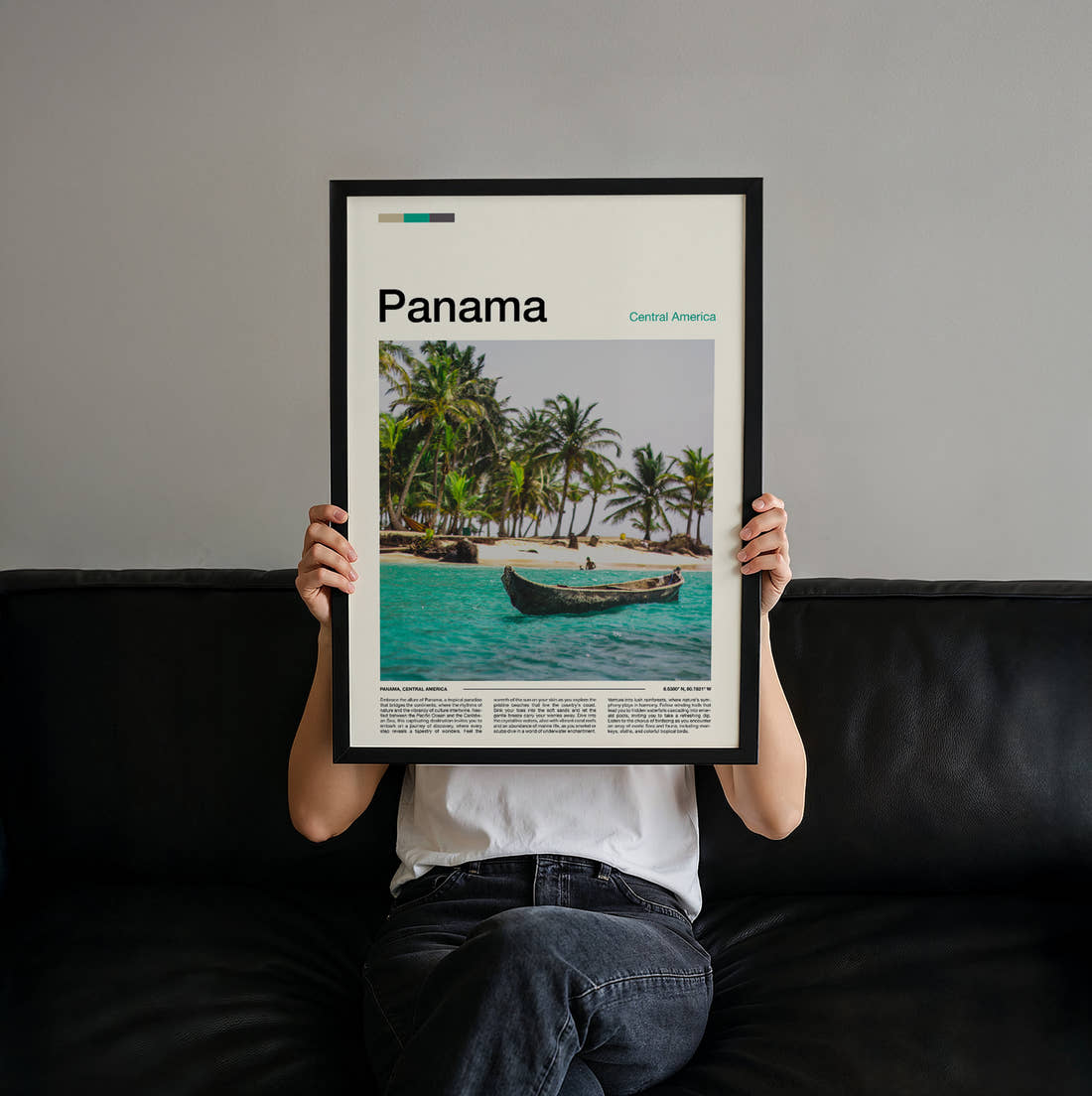 Panama Canoe On Turquoise Water Travel Print held up by hand to show the size of the print