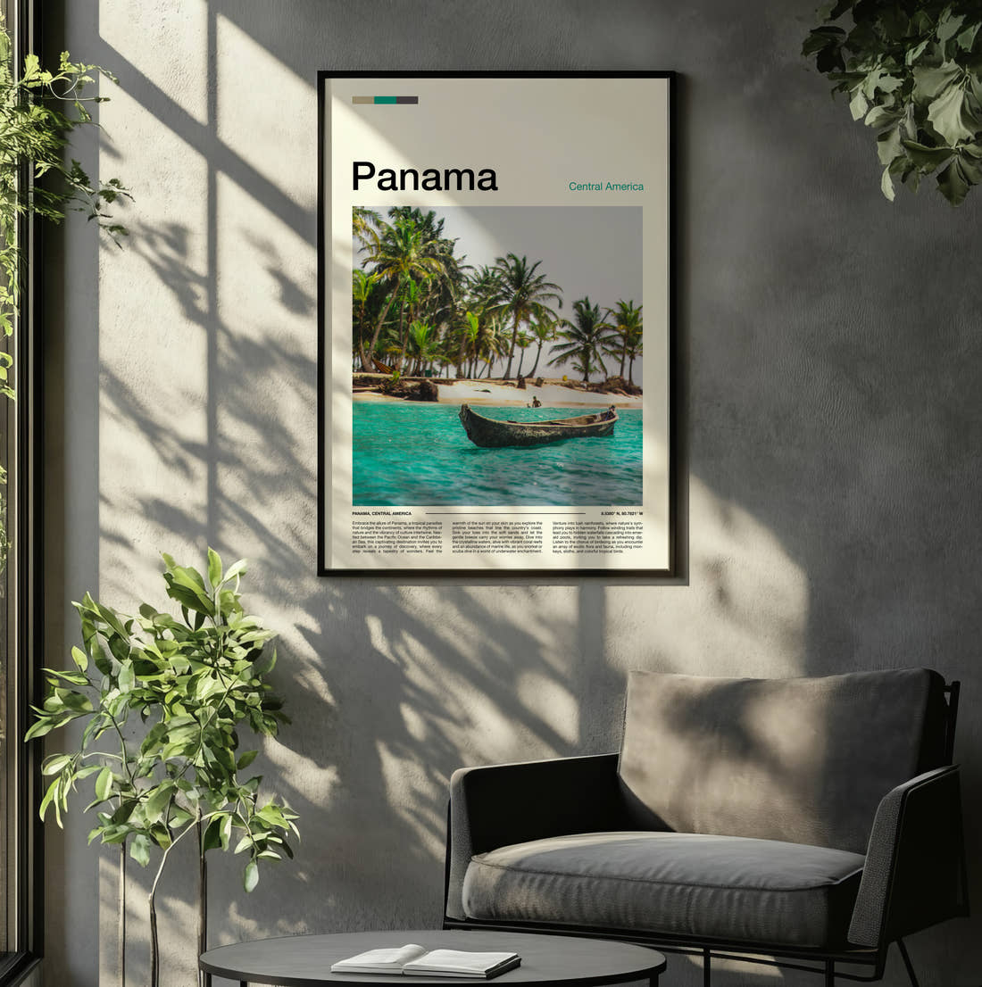 Panama Canoe On Turquoise Water Travel Print framed on the wall of a relaxed living room