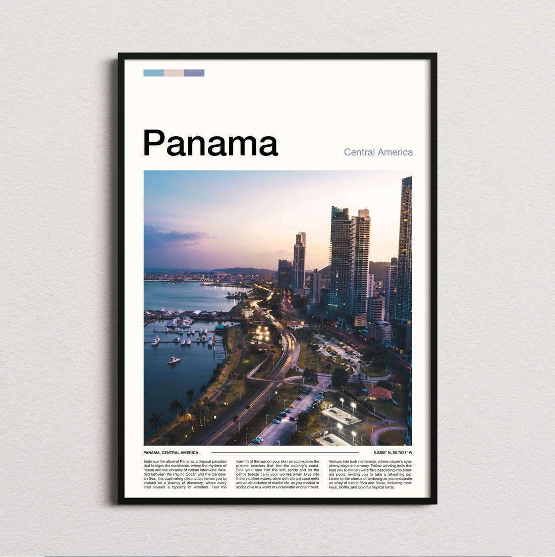 Panama Coastal Skyline At Dusk Travel Print framed and photographed straight on