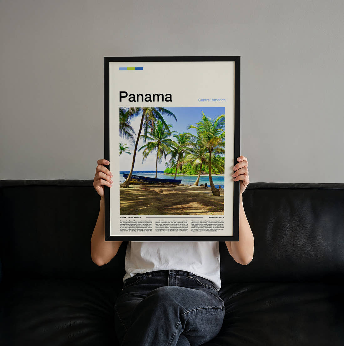 Panama Palm Trees On The Beach Travel Print held up by hand to show the size of the print