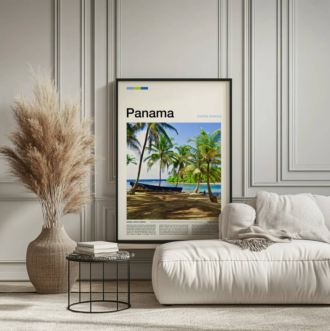 Panama Palm Trees On The Beach Travel Print framed on the wall of a calm, neutral bedroom