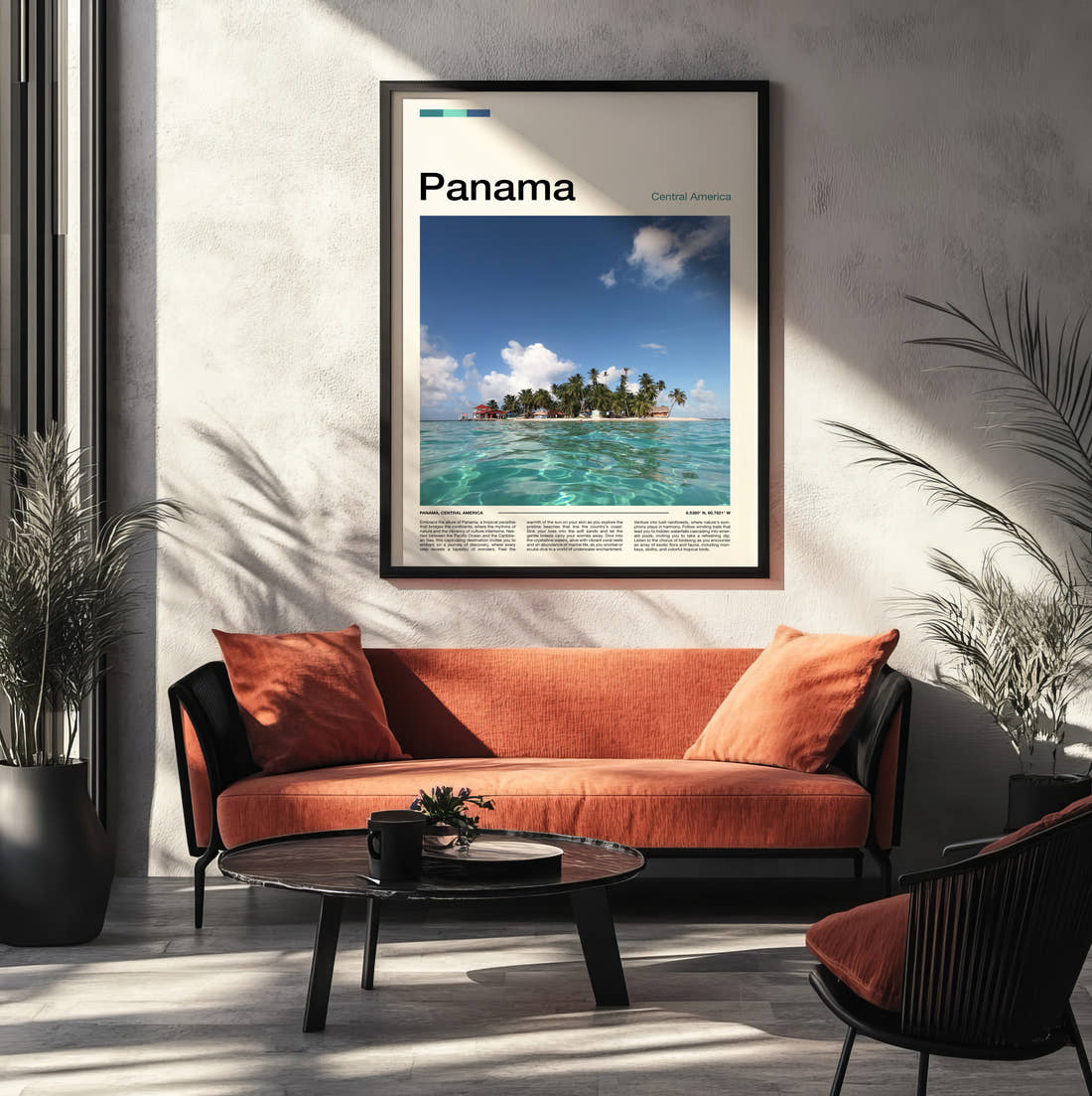 Panama Small Island Travel Print framed on the wall of a modern living room