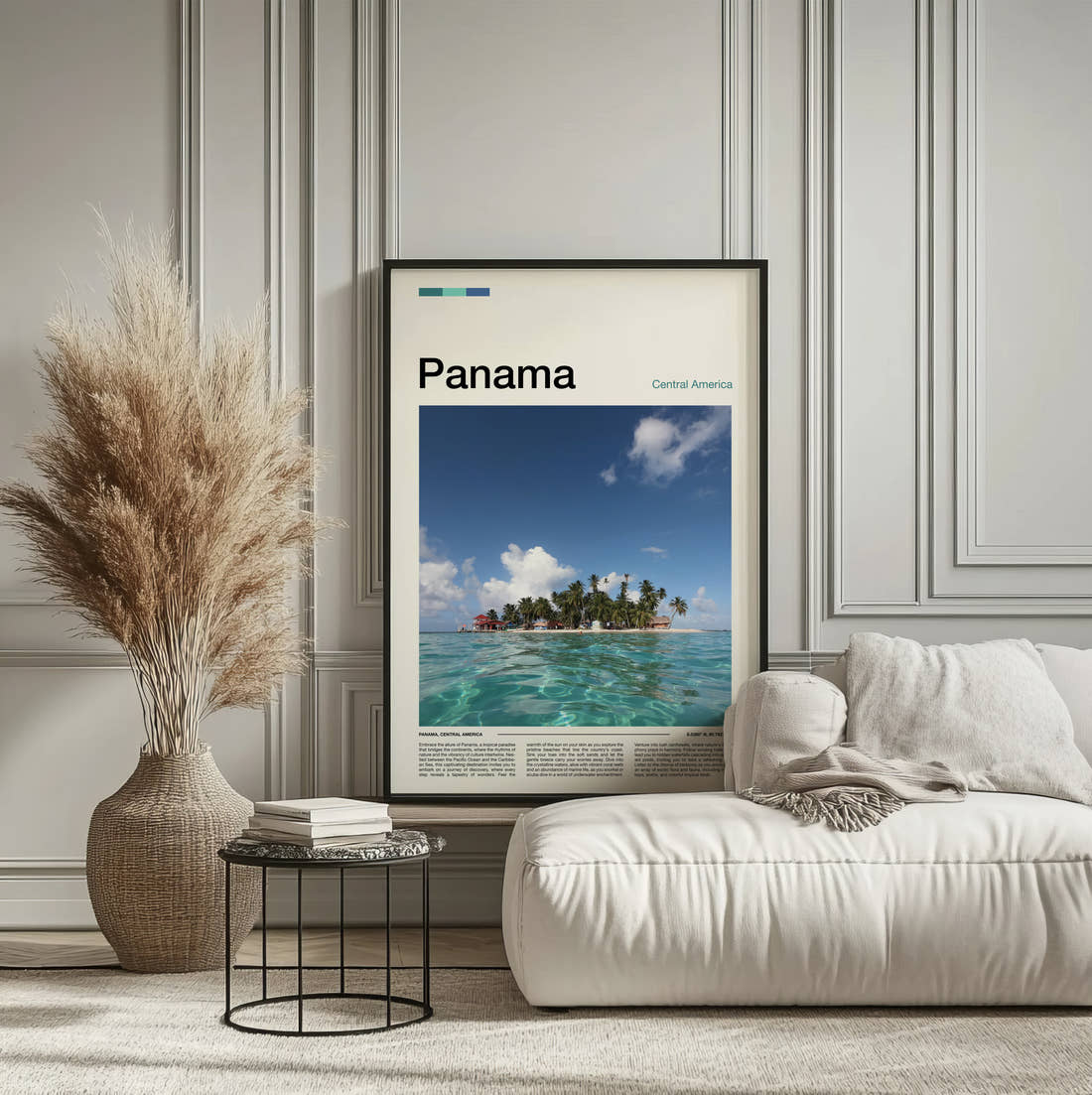 Panama Small Island Travel Print framed on the wall of a calm, neutral bedroom