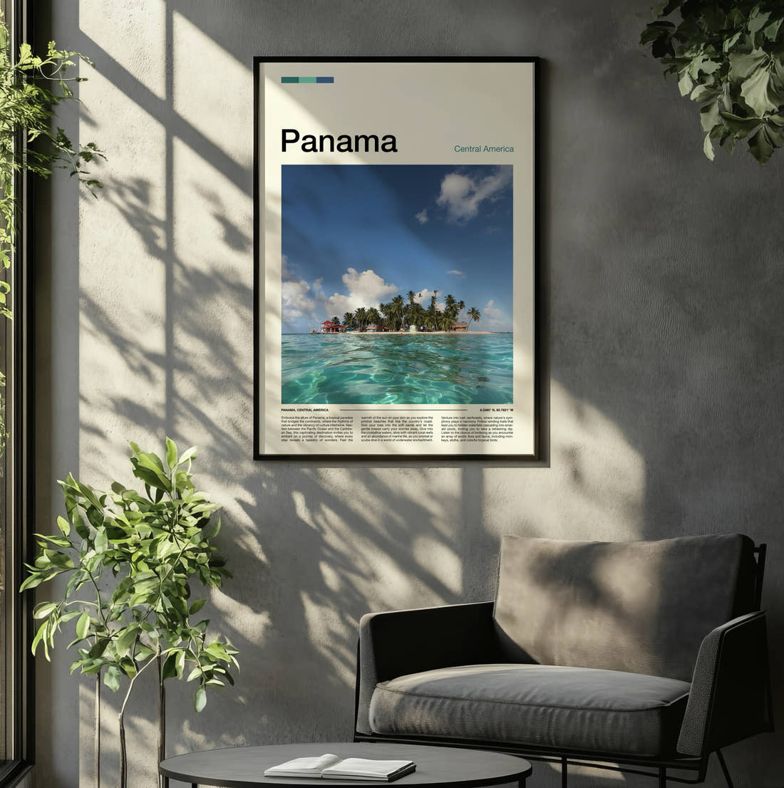 Panama Small Island Travel Print framed on the wall of a relaxed living room