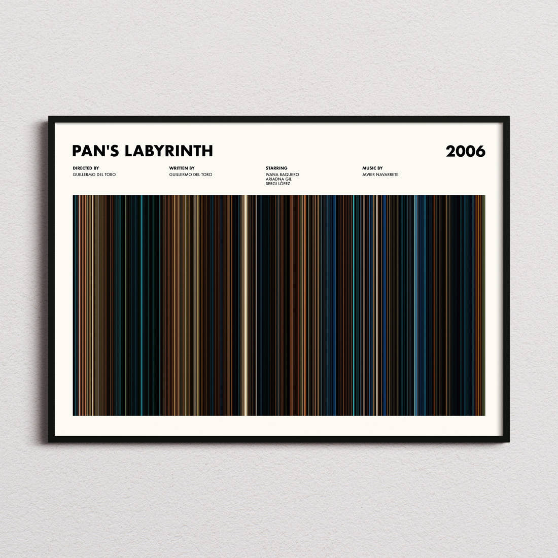 Pan's Labyrinth Movie Barcode Poster framed and photographed straight on