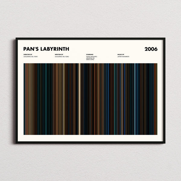 Pan's Labyrinth Movie Barcode Poster framed and photographed straight on