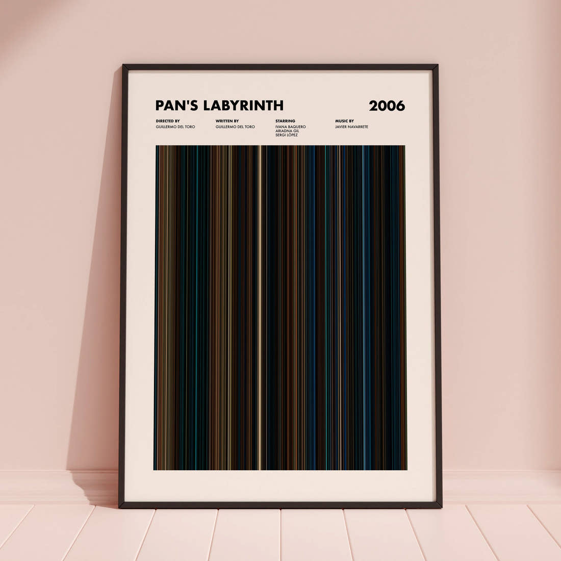 Pan's Labyrinth Movie Barcode Poster framed and leaning against a coloured wall