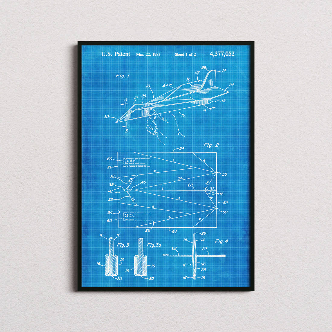 Paper Airplane Patent Print in the blueprint colourway, framed
