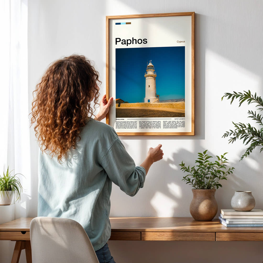 Paphos Coastal Lighthouse Tower Travel Print framed on a pale wall beside houseplants