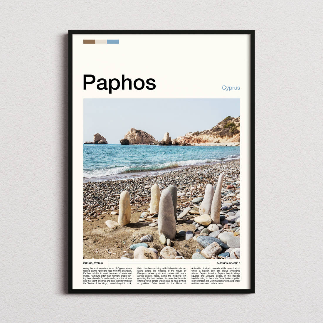 Paphos Pebble Beach Sculptures Travel Print framed and photographed straight on