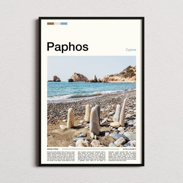 Paphos Pebble Beach Sculptures Travel Print framed and photographed straight on