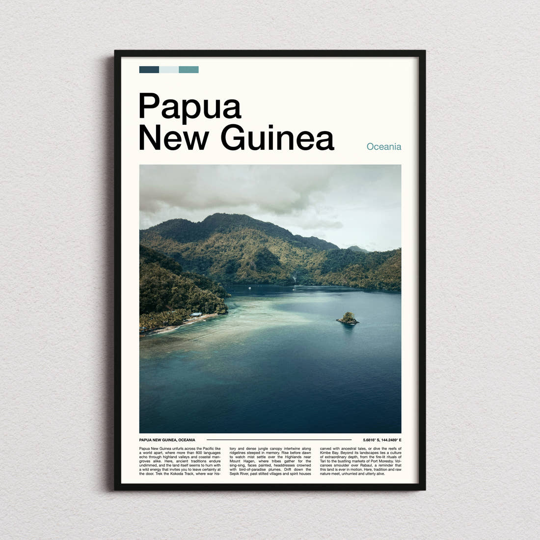Papua New Guinea Misty Coastal Inlet Travel Print framed and photographed straight on