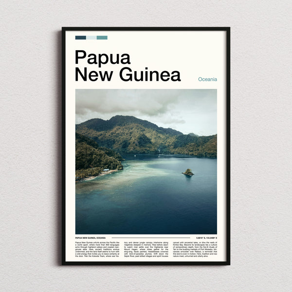 Papua New Guinea Misty Coastal Inlet Travel Print framed and photographed straight on
