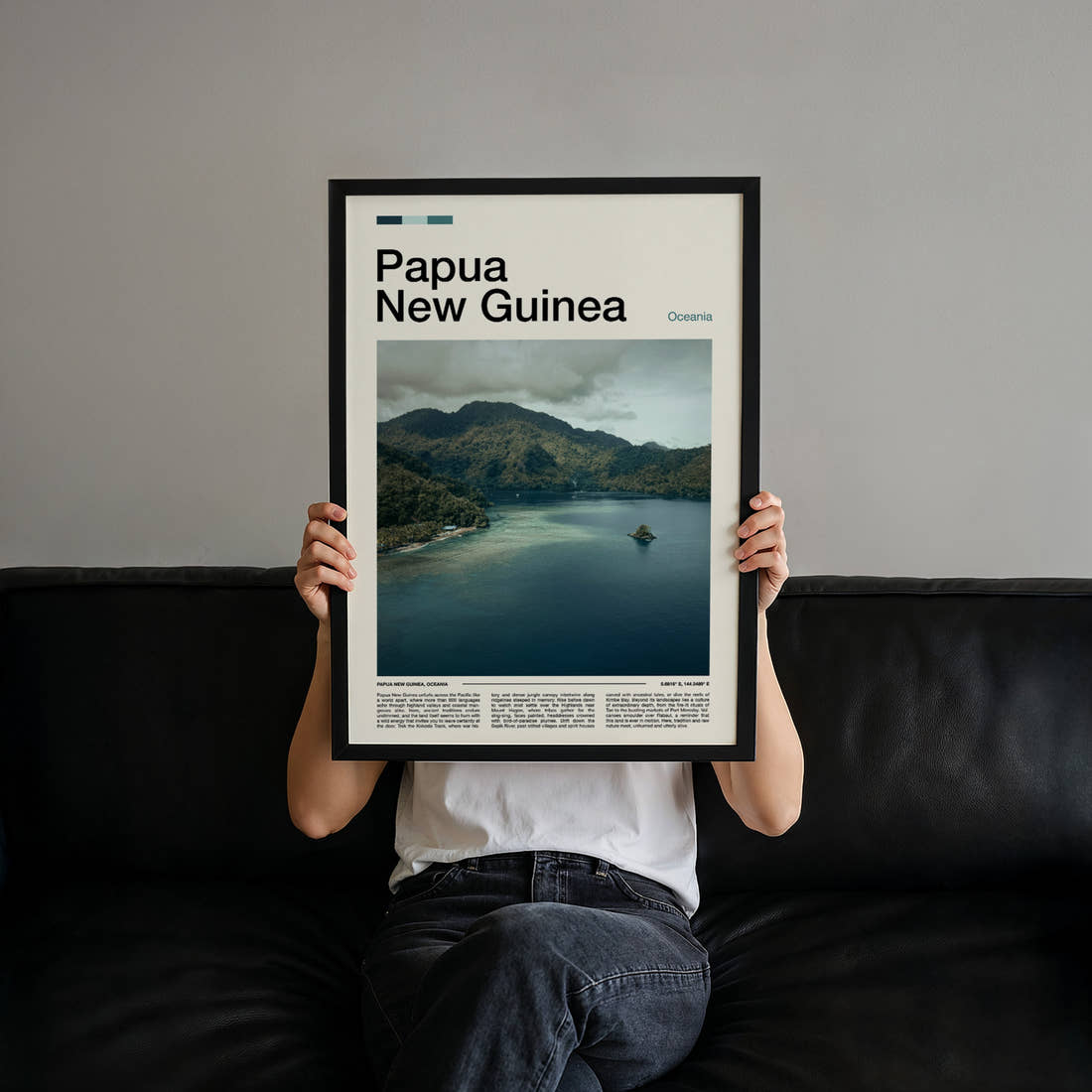 Papua New Guinea Misty Coastal Inlet Travel Print held up by hand to show the size of the print