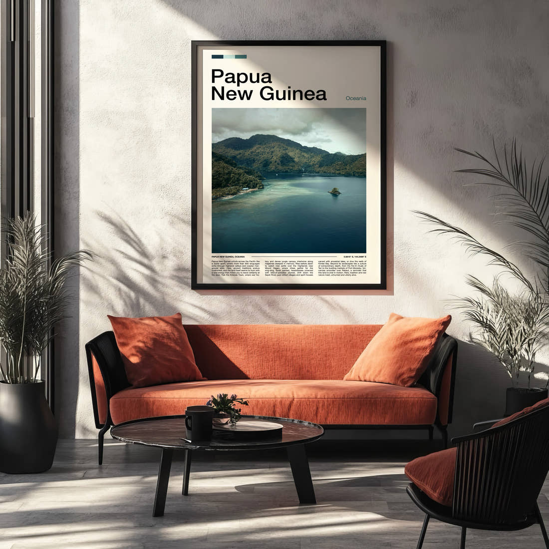 Papua New Guinea Misty Coastal Inlet Travel Print framed on the wall of a modern living room