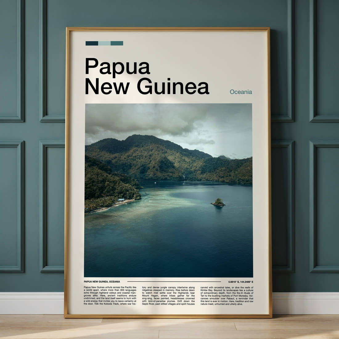 Papua New Guinea Misty Coastal Inlet Travel Print framed on the wall of a calm, neutral bedroom